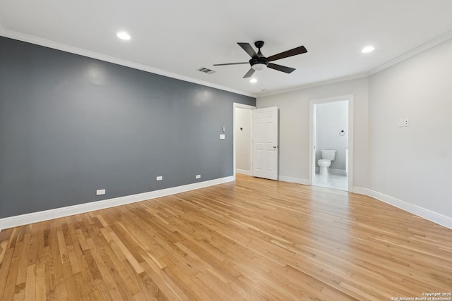 129 Elmview, Alamo Heights, TX 78209 - unfurnished bedroom with light wood finished floors, recessed lighting, baseboards, ornamental molding, and ensuite bath