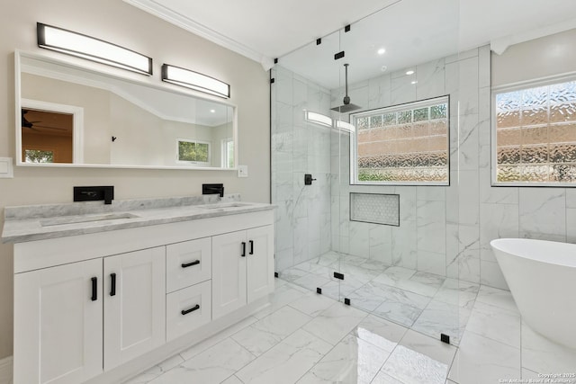 129 Elmview, Alamo Heights, TX 78209 - full bath with marble finish floors, crown molding, double vanity, a marble finish shower, and plenty of natural light