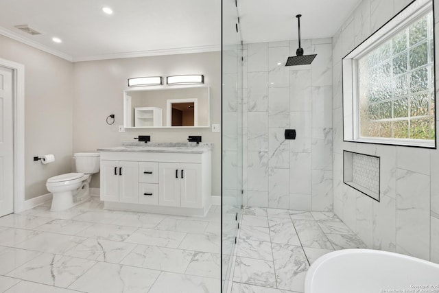 129 Elmview, Alamo Heights, TX 78209 - bathroom with a marble finish shower, crown molding, marble look tiles, vanity, and toilet