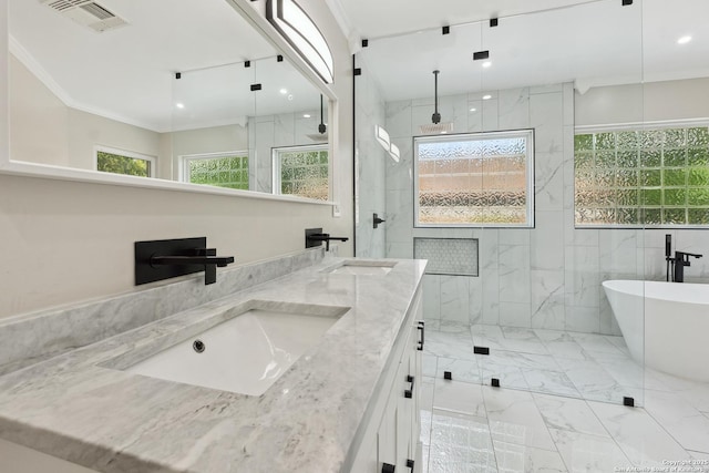 129 Elmview, Alamo Heights, TX 78209 - full bathroom featuring marble finish floors, double vanity, a marble finish shower, crown molding, and a freestanding tub
