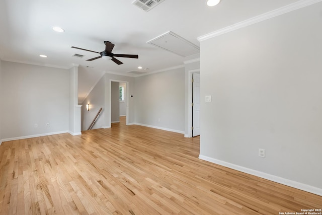 129 Elmview, Alamo Heights, TX 78209 - spare room featuring attic access, crown molding, recessed lighting, baseboards, and ceiling fan