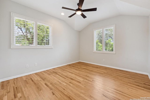 129 Elmview, Alamo Heights, TX 78209 - unfurnished room with a ceiling fan, baseboards, light wood-type flooring, and vaulted ceiling