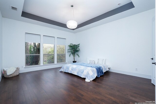 25203 Spider Rock, Boerne, TX 78006 - bedroom with a raised ceiling, wood finished floors, baseboards, and a chandelier