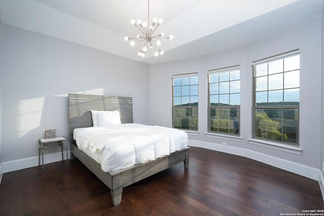 25203 Spider Rock, Boerne, TX 78006 - bedroom with a chandelier, baseboards, and wood finished floors