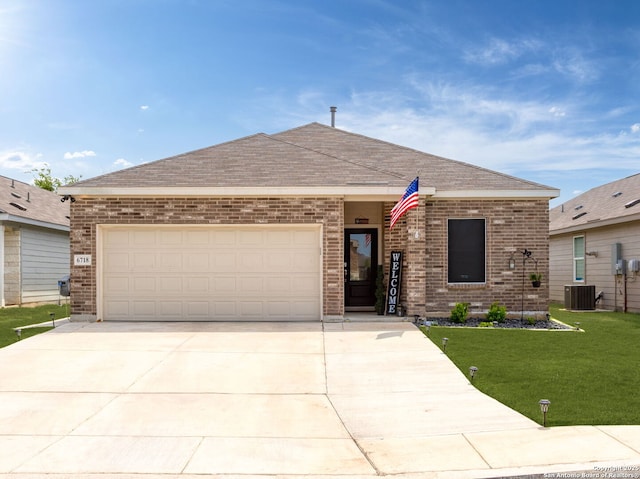 6718 Carlton Crst, San Antonio, TX 78253 - ranch-style home with cooling unit, brick siding, a front yard, and an attached garage