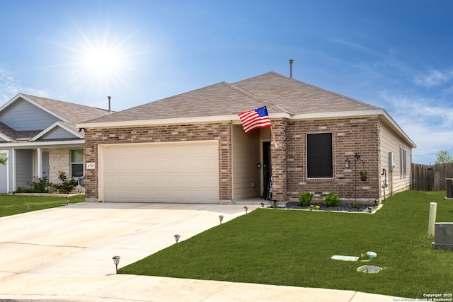 6718 Carlton Crst, San Antonio, TX 78253 - view of front of home with an attached garage, driveway, brick siding, and a front lawn