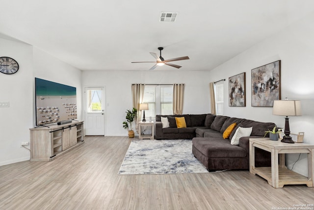 6718 Carlton Crst, San Antonio, TX 78253 - living room with wood finished floors, a ceiling fan, and baseboards