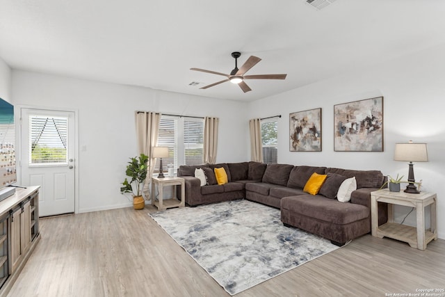 6718 Carlton Crst, San Antonio, TX 78253 - living room featuring light wood-style floors, ceiling fan, and baseboards
