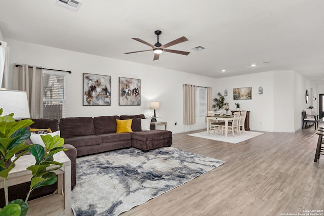 6718 Carlton Crst, San Antonio, TX 78253 - living room with ceiling fan, light wood-style flooring, and recessed lighting