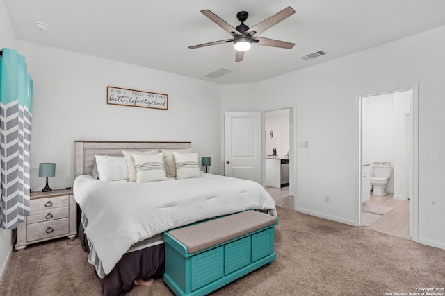 6718 Carlton Crst, San Antonio, TX 78253 - bedroom featuring light carpet, baseboards, ensuite bath, and a ceiling fan