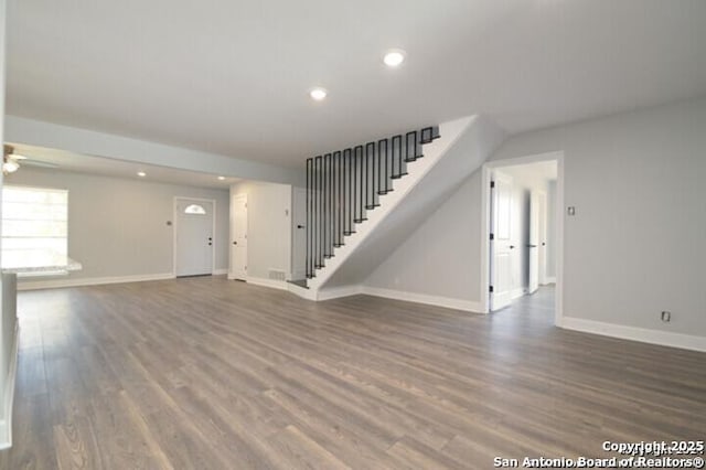 4615 Golf Vw, San Antonio, TX 78223 - unfurnished living room featuring stairway, baseboards, wood finished floors, recessed lighting, and a ceiling fan