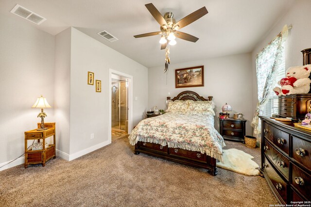 9334 Sundrop, San Antonio, TX 78254 - bedroom with carpet floors, baseboards, a ceiling fan, and connected bathroom