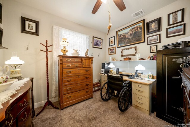9334 Sundrop, San Antonio, TX 78254 - office area featuring carpet flooring, ceiling fan, and baseboards