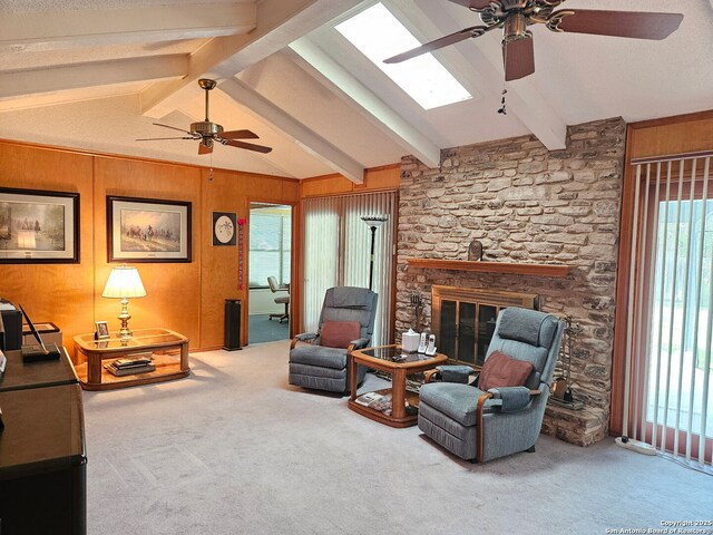109 Cueva, Hollywood Park, TX 78232 - living area featuring ceiling fan, carpet, and a skylight