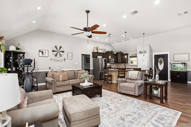 184 Great Oaks Ln, Vernia, TX 78121 - living room featuring lofted ceiling, a ceiling fan, dark wood-style floors, and recessed lighting