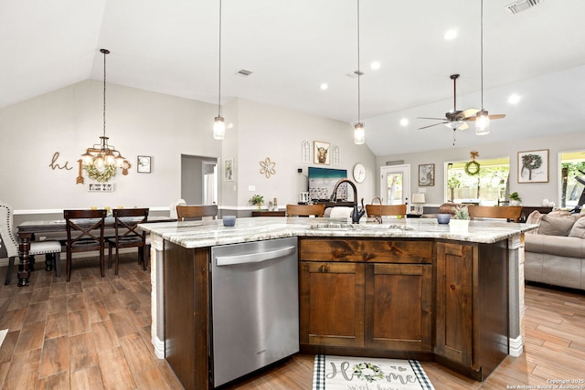 184 Great Oaks Ln, Vernia, TX 78121 - kitchen featuring dishwasher, lofted ceiling, open floor plan, a sink, and a ceiling fan