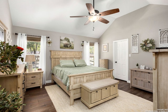 184 Great Oaks Ln, Vernia, TX 78121 - bedroom featuring lofted ceiling, wood finished floors, baseboards, and a ceiling fan