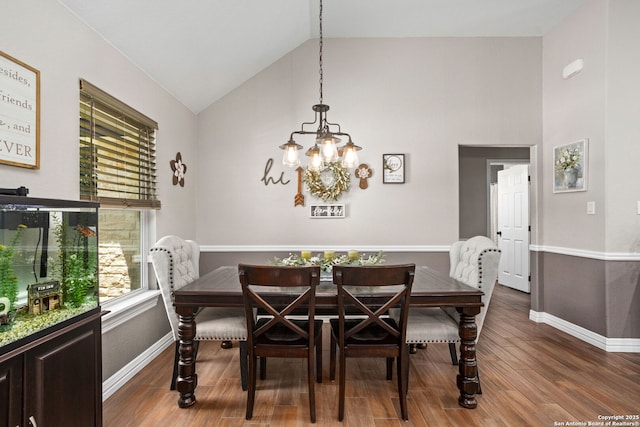 184 Great Oaks Ln, Vernia, TX 78121 - dining room with baseboards, healthy amount of natural light, wood finished floors, a chandelier, and high vaulted ceiling