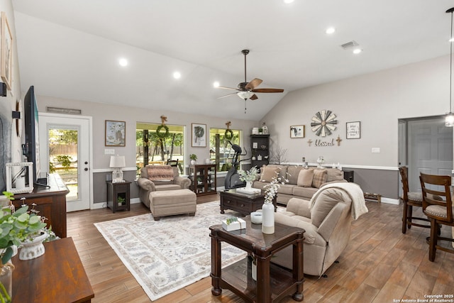 184 Great Oaks Ln, Vernia, TX 78121 - living area with vaulted ceiling, ceiling fan, wood finished floors, recessed lighting, and baseboards