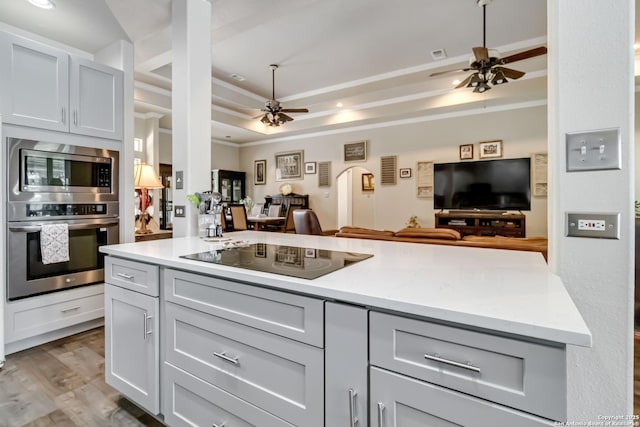 573 Mountain Oaks Dr, Canyon Lake, TX 78133 - kitchen with appliances with stainless steel finishes, ceiling fan, open floor plan, wood finished floors, and ornamental molding