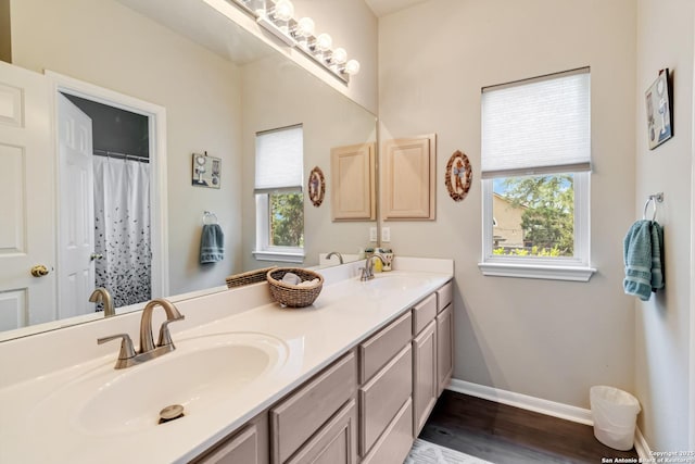573 Mountain Oaks Dr, Canyon Lake, TX 78133 - full bathroom with healthy amount of natural light, baseboards, wood finished floors, and double vanity