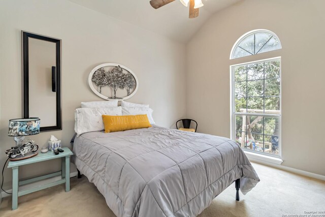 573 Mountain Oaks Dr, Canyon Lake, TX 78133 - bedroom featuring carpet, vaulted ceiling, baseboards, and a ceiling fan