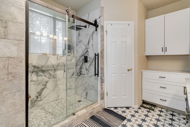 573 Mountain Oaks Dr, Canyon Lake, TX 78133 - bathroom with tile patterned floors and a marble finish shower