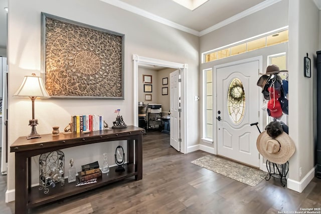 573 Mountain Oaks Dr, Canyon Lake, TX 78133 - foyer entrance with ornamental molding, wood finished floors, and baseboards