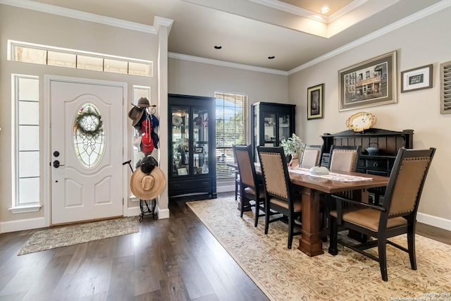 573 Mountain Oaks Dr, Canyon Lake, TX 78133 - dining area featuring dark wood finished floors, crown molding, and baseboards