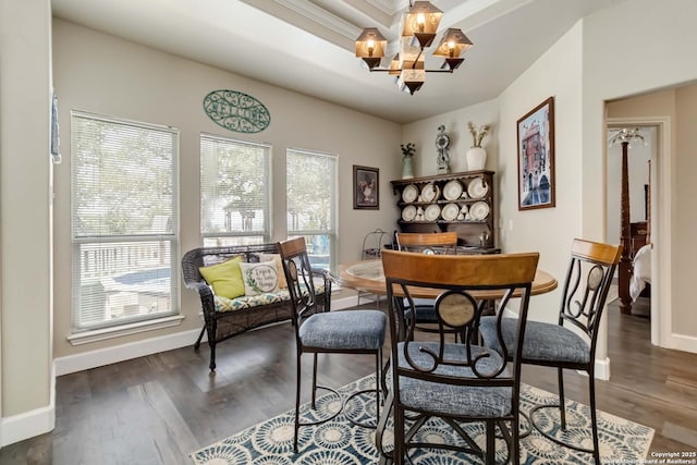 573 Mountain Oaks Dr, Canyon Lake, TX 78133 - dining space featuring a chandelier, wood finished floors, and baseboards