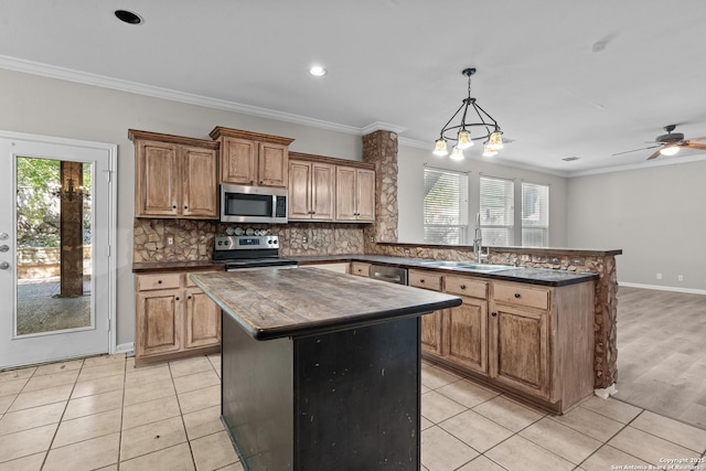 25233 Battle Lk, San Antonio, TX 78260 - kitchen featuring stainless steel appliances, a sink, a peninsula, healthy amount of natural light, and crown molding