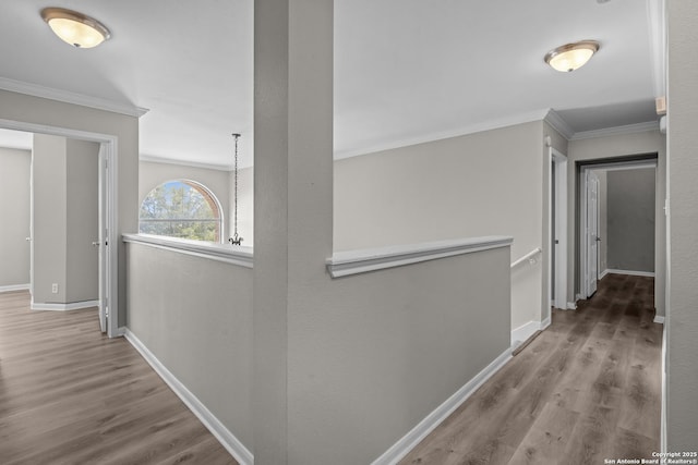25233 Battle Lk, San Antonio, TX 78260 - hallway with wood finished floors, ornamental molding, an upstairs landing, and baseboards