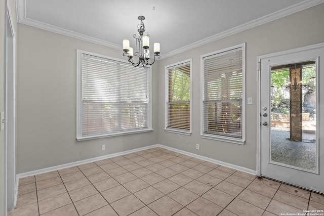 25233 Battle Lk, San Antonio, TX 78260 - unfurnished dining area with crown molding, a chandelier, light tile patterned floors, and baseboards