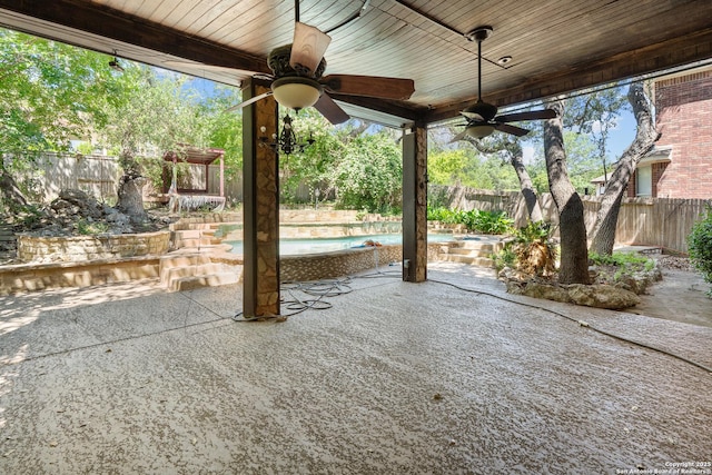 25233 Battle Lk, San Antonio, TX 78260 - view of patio with ceiling fan, a fenced backyard, and a hot tub