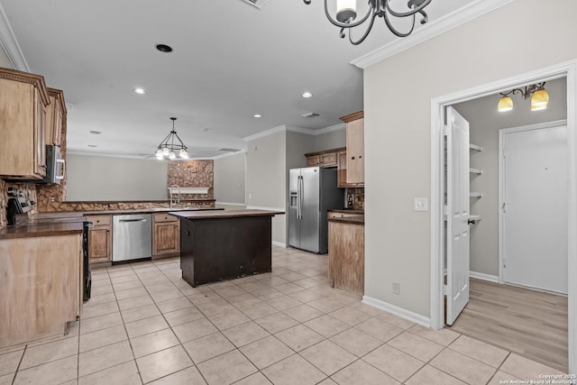 25233 Battle Lk, San Antonio, TX 78260 - kitchen featuring a chandelier, appliances with stainless steel finishes, light tile patterned floors, crown molding, and tasteful backsplash