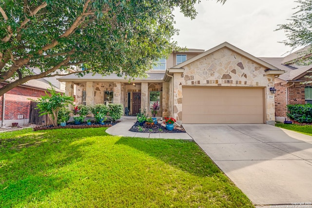 214 Ridge Blf, Cibolo, TX 78108 - view of front of property featuring a front yard, a garage, stone siding, driveway, and covered porch