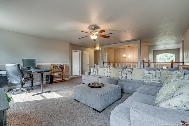 214 Ridge Blf, Cibolo, TX 78108 - living area featuring an office area, a chandelier, carpet, and ceiling fan