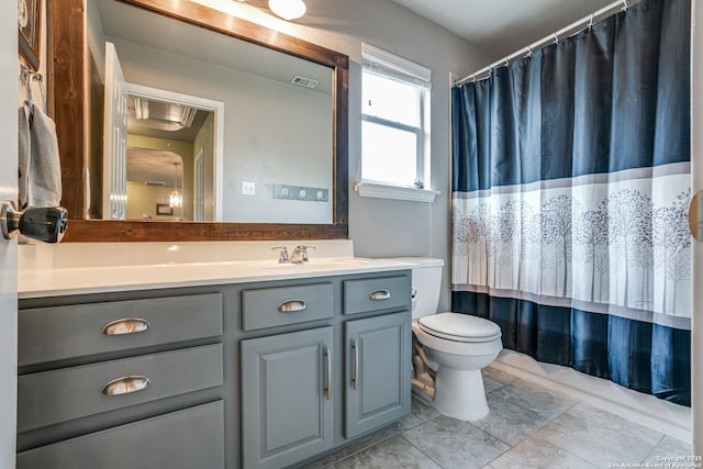 214 Ridge Blf, Cibolo, TX 78108 - full bathroom featuring vanity, toilet, curtained shower, and tile patterned floors