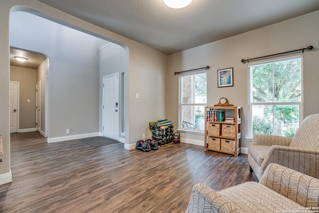 214 Ridge Blf, Cibolo, TX 78108 - living room featuring arched walkways, dark wood-style flooring, and baseboards