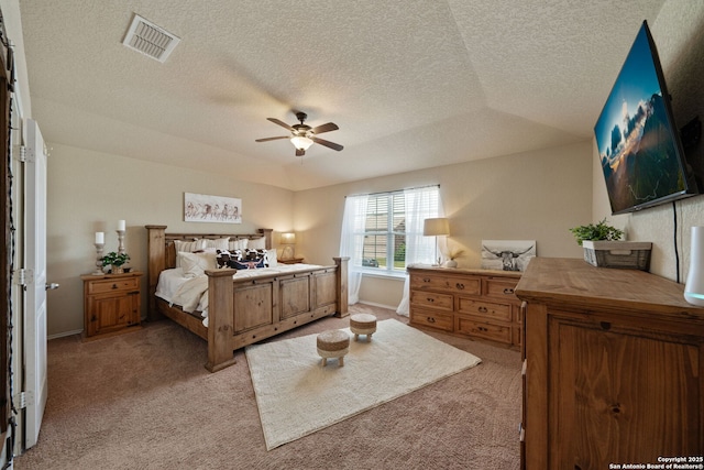 184 Jolie Cir, Boerne, TX 78015 - bedroom featuring light colored carpet, a textured ceiling, ceiling fan, and baseboards
