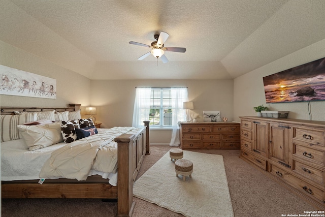 184 Jolie Cir, Boerne, TX 78015 - bedroom featuring light carpet, a textured ceiling, a ceiling fan, a tray ceiling, and lofted ceiling