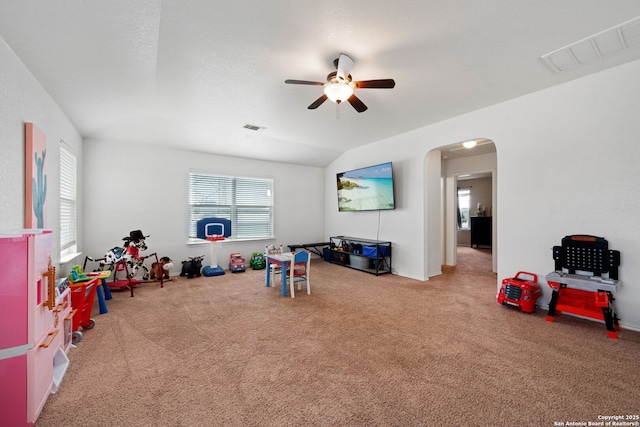 184 Jolie Cir, Boerne, TX 78015 - rec room with carpet flooring, a ceiling fan, and arched walkways