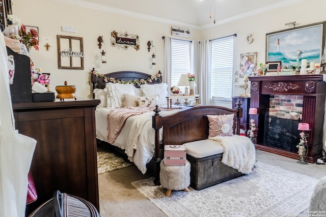 3351 Highline Trl, San Antonio, TX 78261 - bedroom with carpet, ornamental molding, and a fireplace