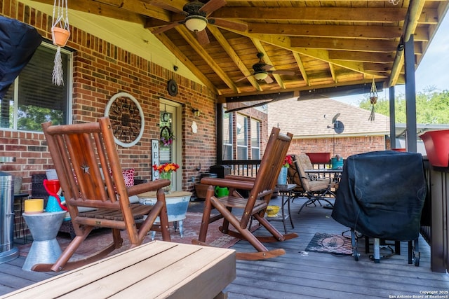 3351 Highline Trl, San Antonio, TX 78261 - deck with a ceiling fan, grilling area, and outdoor dining area