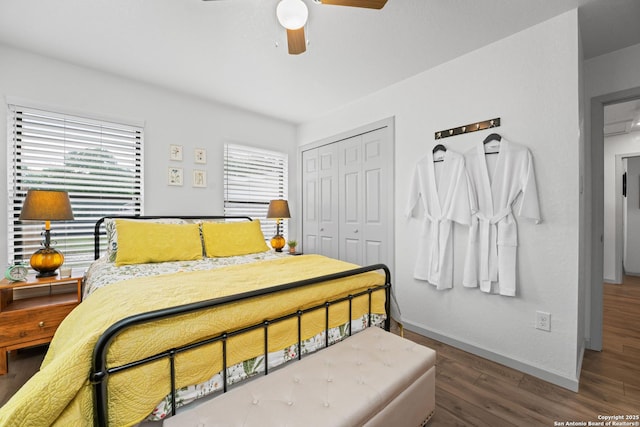 351 Barbara, San Antonio, TX 78216 - bedroom featuring a closet, wood finished floors, baseboards, and a ceiling fan
