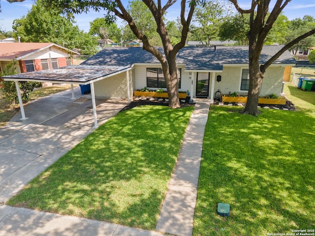 351 Barbara, San Antonio, TX 78216 - ranch-style home featuring an attached carport, concrete driveway, a front yard, and a shingled roof