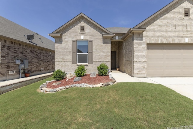 22363 Escalante Run, San Antonio, TX 78261 - view of front of home with brick siding, a front yard, an attached garage, and concrete driveway