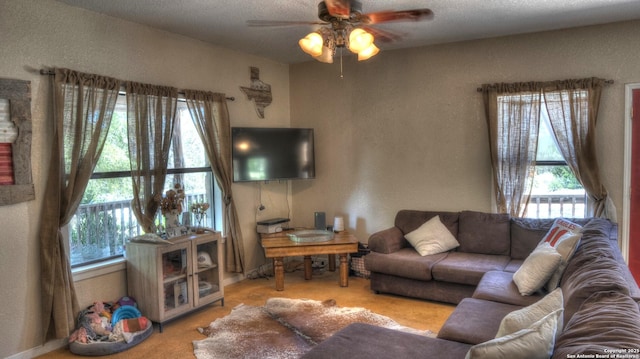 121 David Rankin Rd, Leakey, TX 78873 - living area with a ceiling fan, plenty of natural light, a textured wall, and baseboards