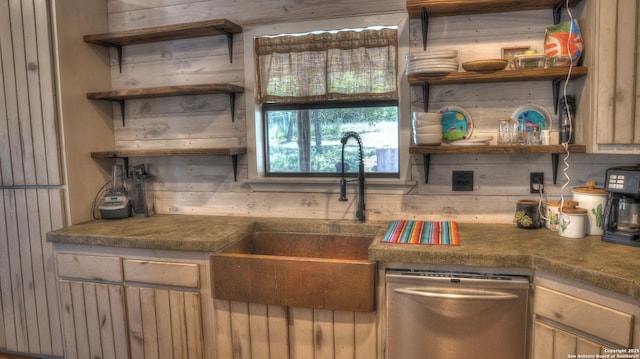 121 David Rankin Rd, Leakey, TX 78873 - kitchen featuring open shelves, stainless steel dishwasher, dark countertops, and a sink