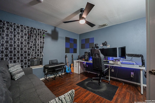 10715 Palomino, San Antonio, TX 78254 - office area featuring a ceiling fan, wood finished floors, a textured ceiling, and cooling unit